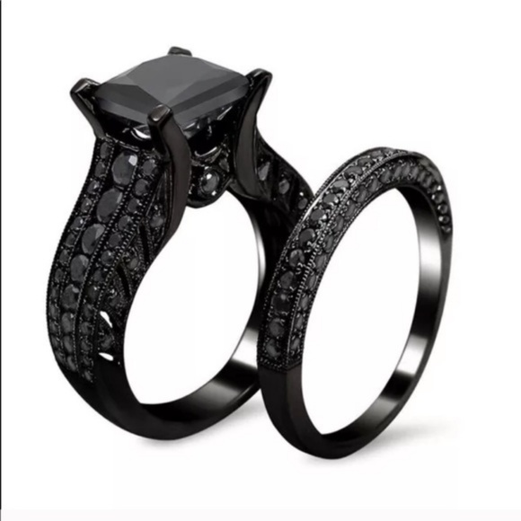 Black Gray Engagement Ring Wedding Band Bridal Set - Picture 2 of 5